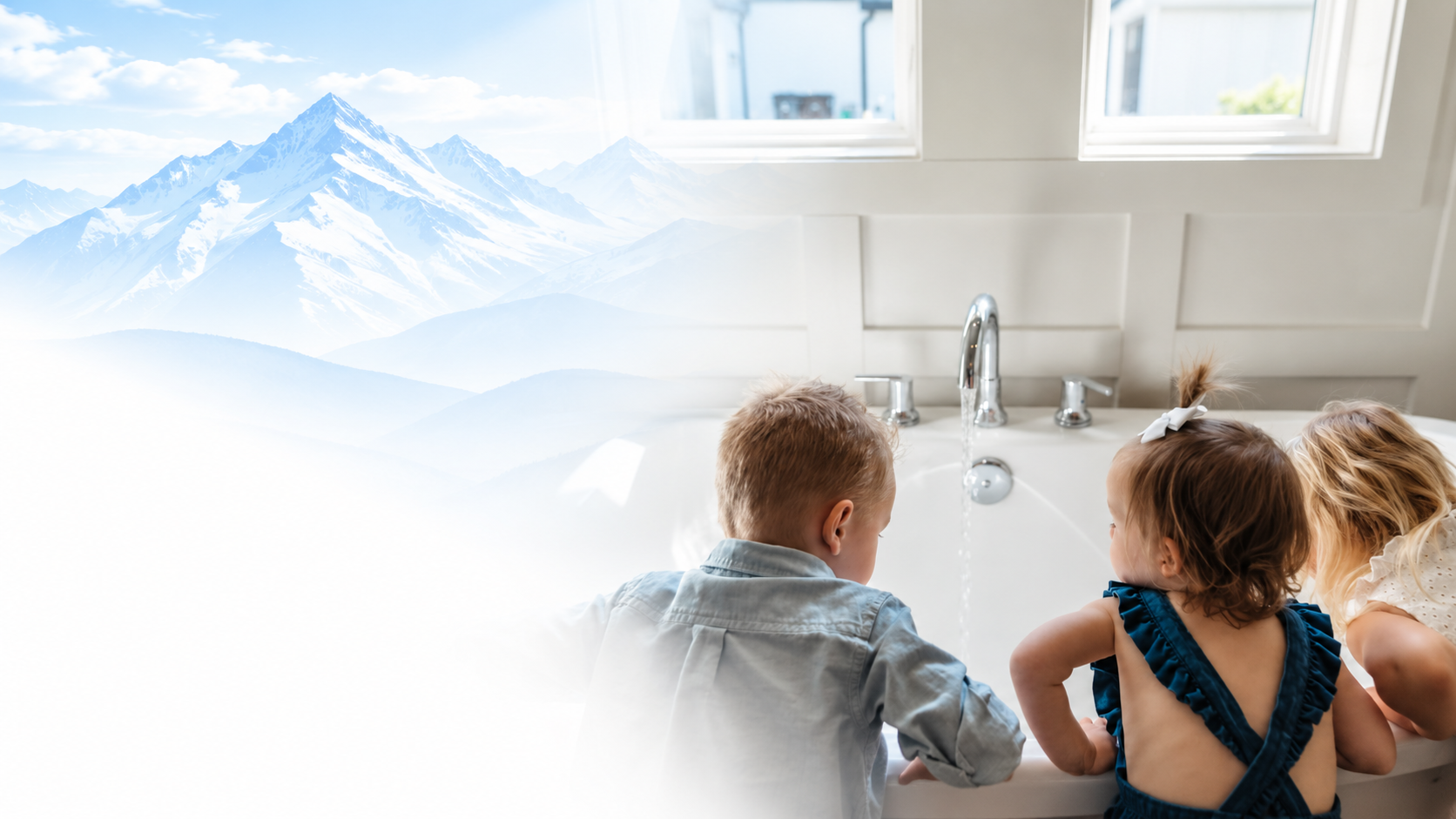 Children gathered around a running bathtub beside a mountain landscape