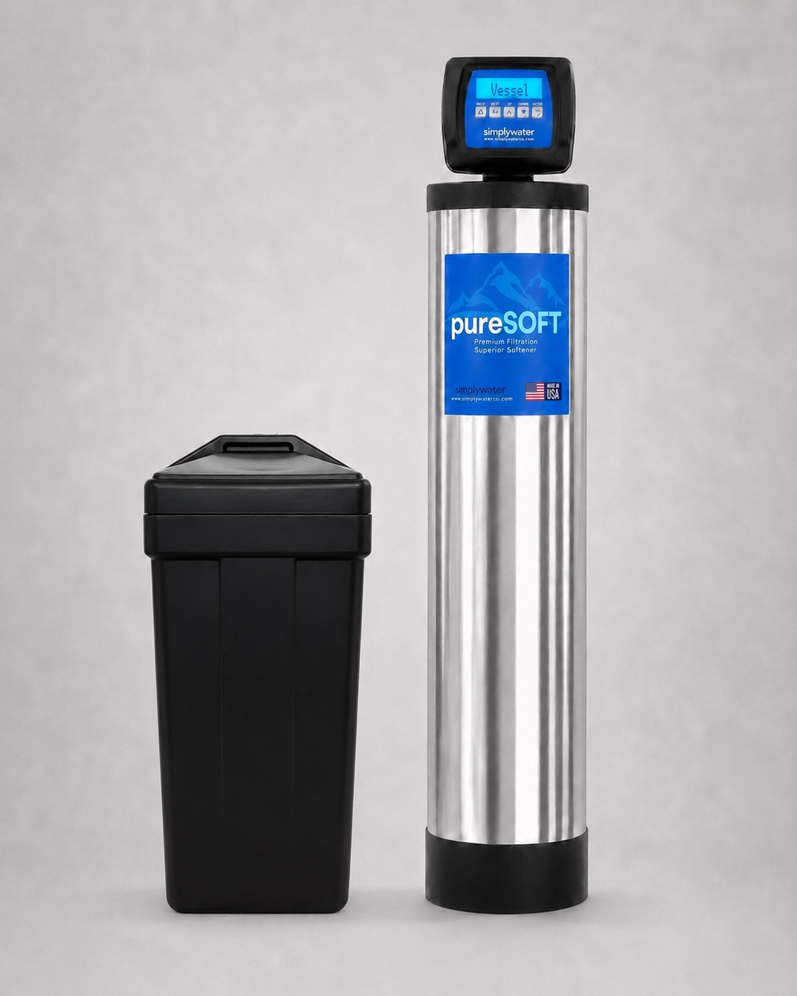 Simply Water pureSOFT system with stainless treatment tank and brine tank.