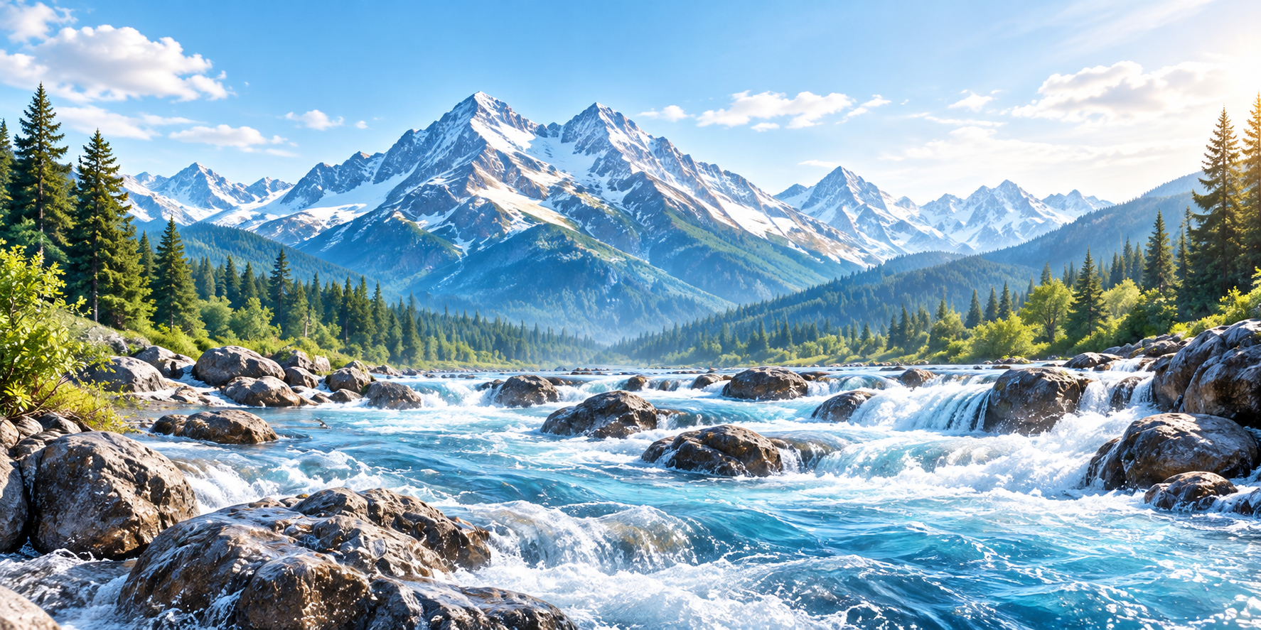 A mountain river moving over rock through a forested valley